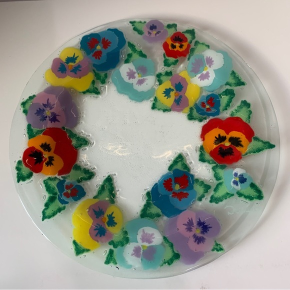 Andra DuRee Signed Fused Glass Dish Plate & Ruffled Bowl Floral Serving Set 1999 - Picture 3 of 13